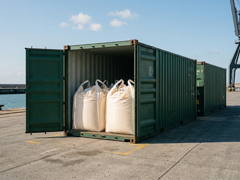 Sealed bulk cargo containers staged at port dock, prepared for wood pellet export loading