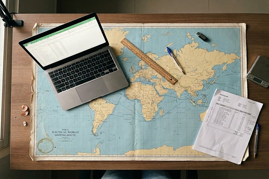 Laptop and packing list placed on a nautical world shipping route map with a ruler on a wooden desk