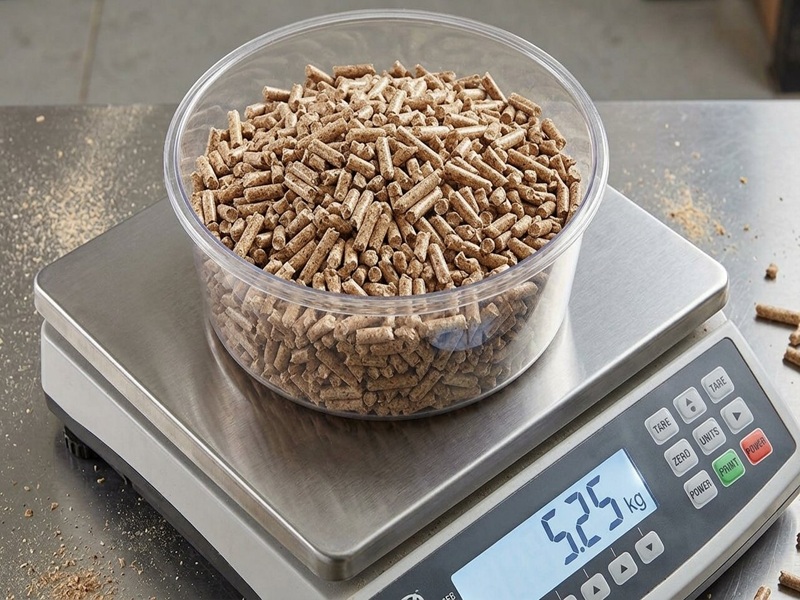 Wood pellet sample in standardised quality measurement container, moisture and density control before export