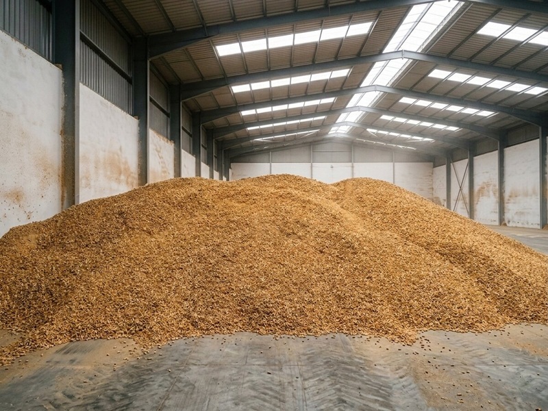 Wood pellets in bulk at staging warehouse, accumulated volume before container loading