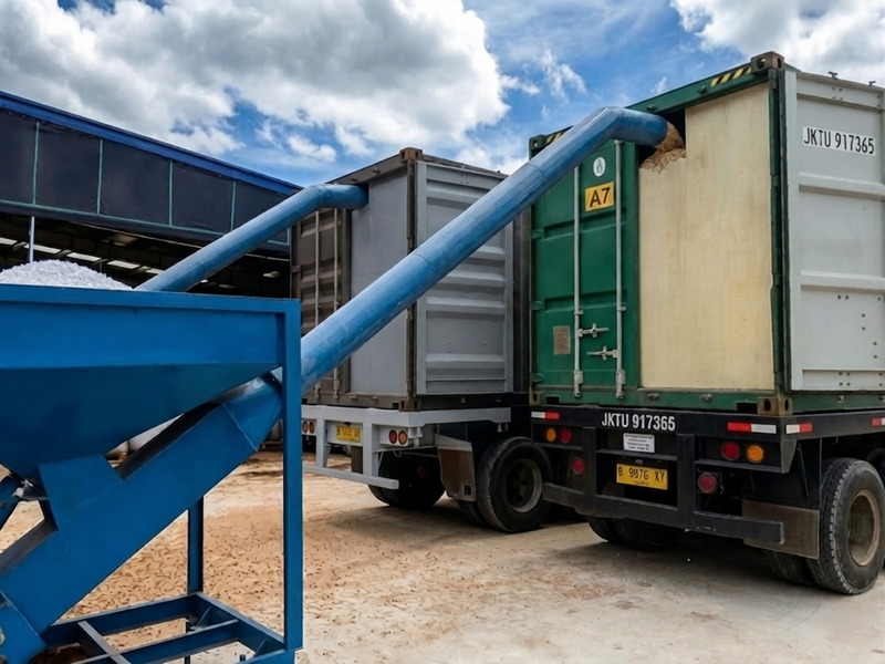 Loose bulk loading. pellets conveyed directly into container to maximise cargo weight